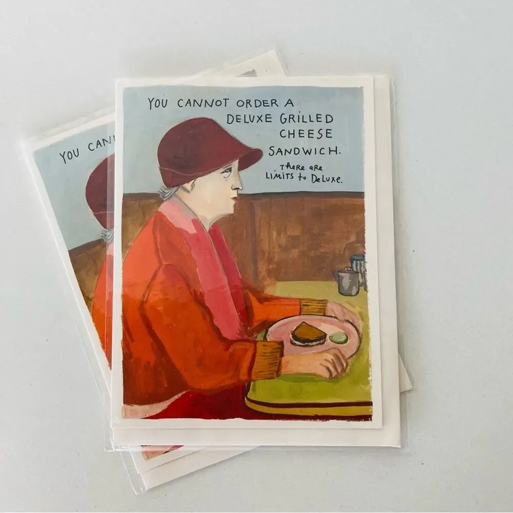 NEW ANTHROPOLOGIE Illustrated Cartoon Comedy Tan Red Pink Greeting Card s/2